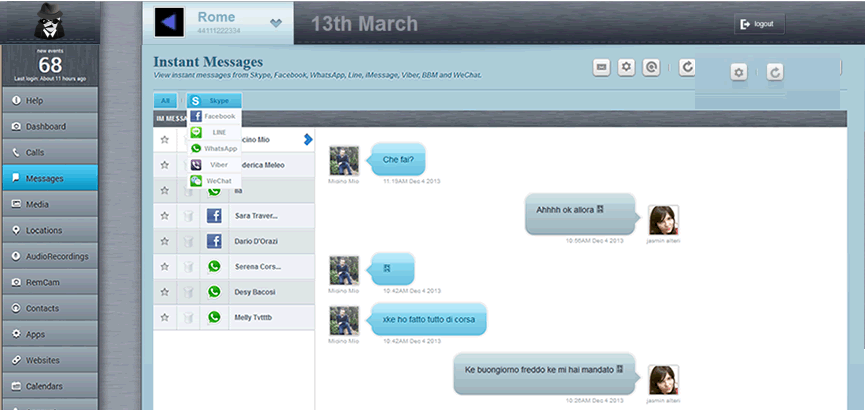 Todas las conversaciones en el chat con WhatsApp, Skype, Facebook, iMessage y BlackBerry Messenger son guardadas y son legibles en todo momento